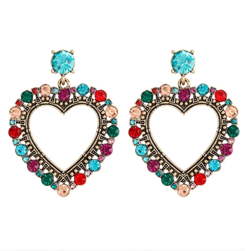 Beautiful Multicolor Stone Hanging Heart Earrings!